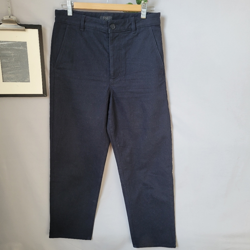 Cos Cotton Nylon Cropped High Waist Straight Leg Chino Trouser‎ Pant Blue 4